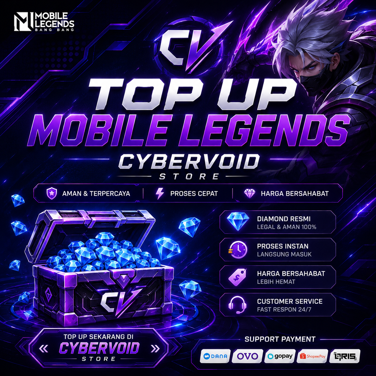 CYBERVOID adalah store digital yang menyediakan jasa dan kebutuhan gaming terpercaya untuk para player Indonesia. Mengutamakan pelayanan cepat, aman, dan berkualitas, CYBERVOID hadir untuk membantu para gamer mendapatkan pengalaman bermain yang lebih maks