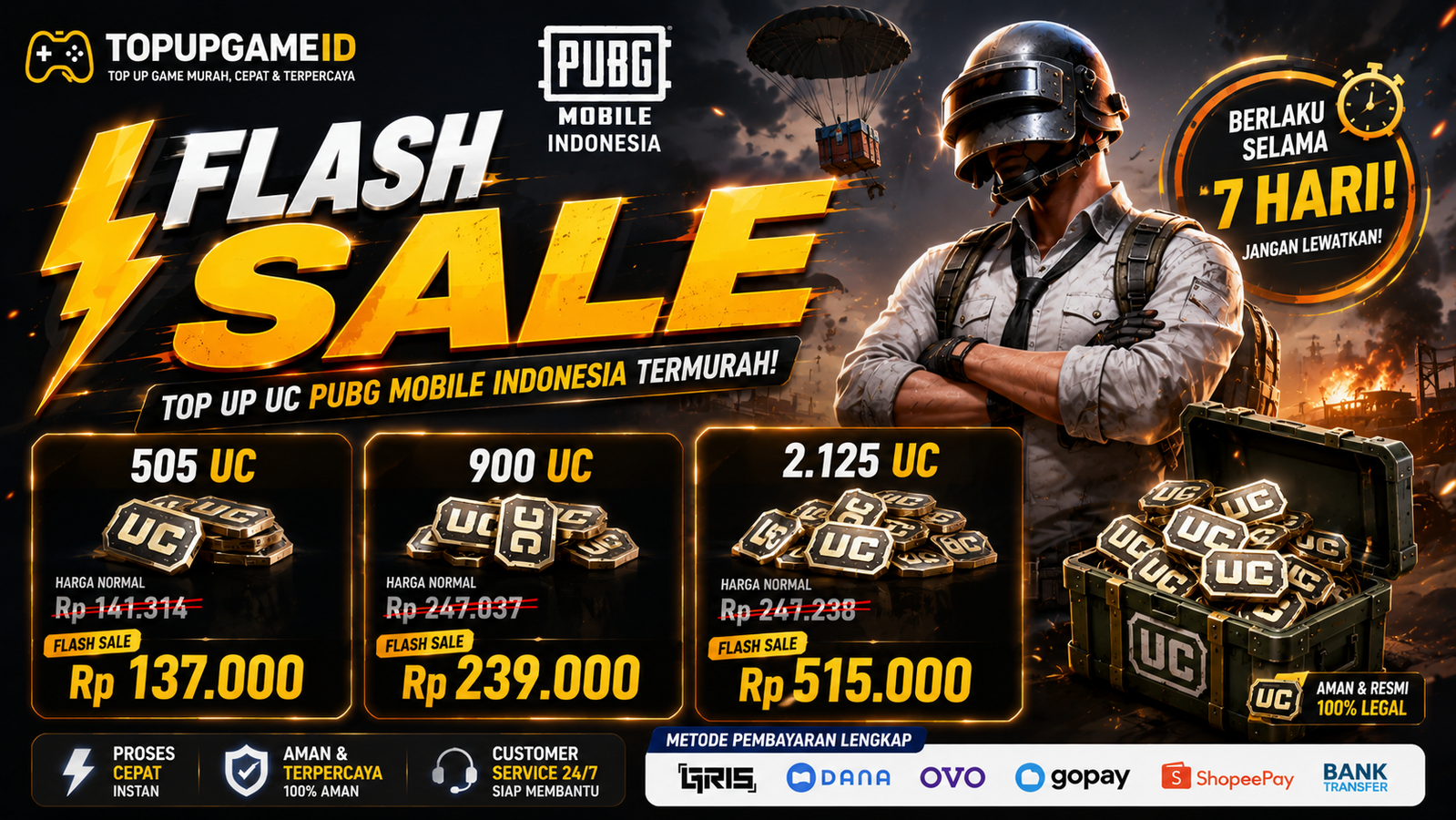 💥 Flash Sale UC PUBG Mobile 7 Hari! Isi UC dengan harga lebih murah dan nikmati proses top up instan 24/7 hanya di TopupGameID.