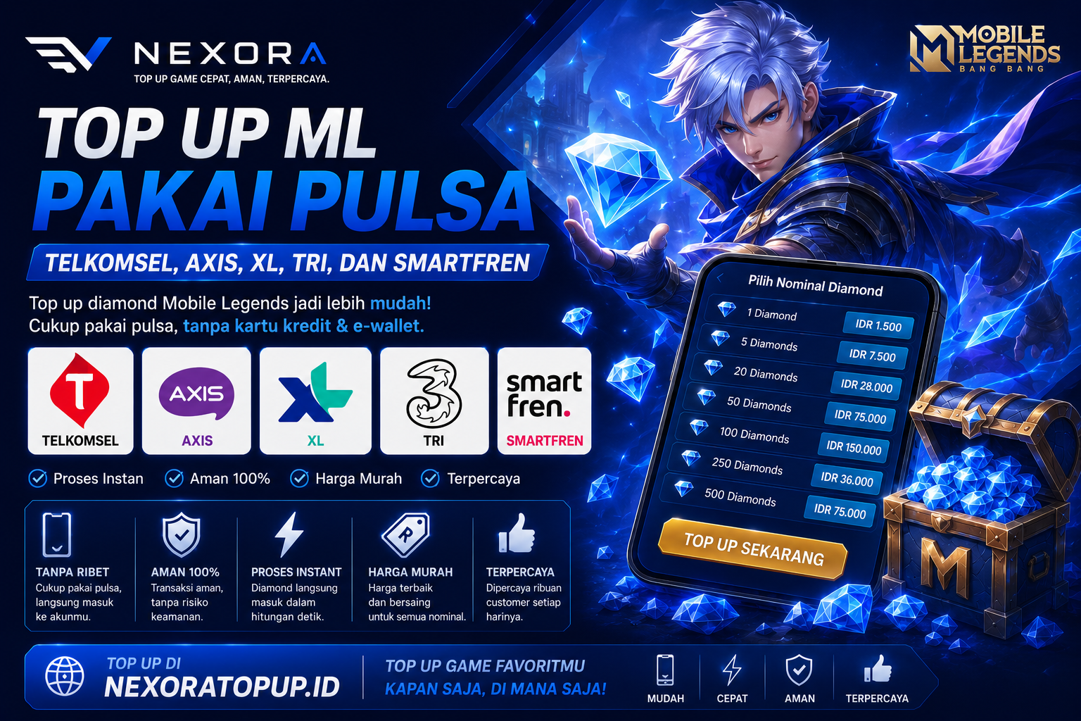 Top Up ML Pakai Pulsa: Telkomsel, Axis, XL, Tri, dan Smartfren