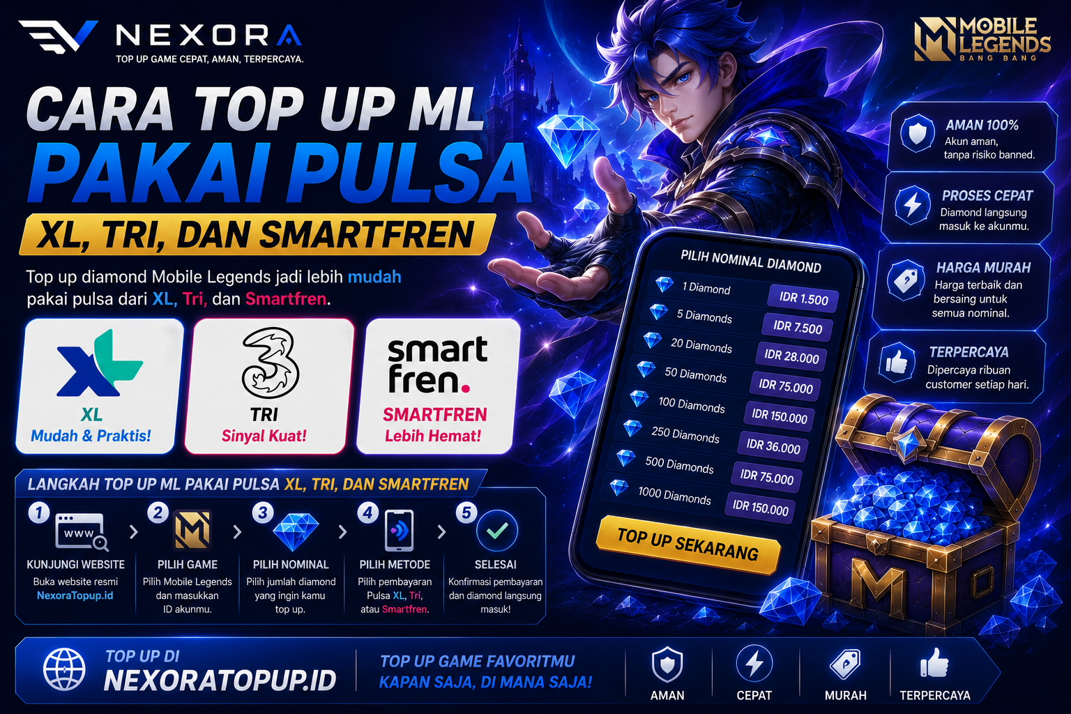 Cara Top Up ML Pakai Pulsa XL, Tri, dan Smartfren