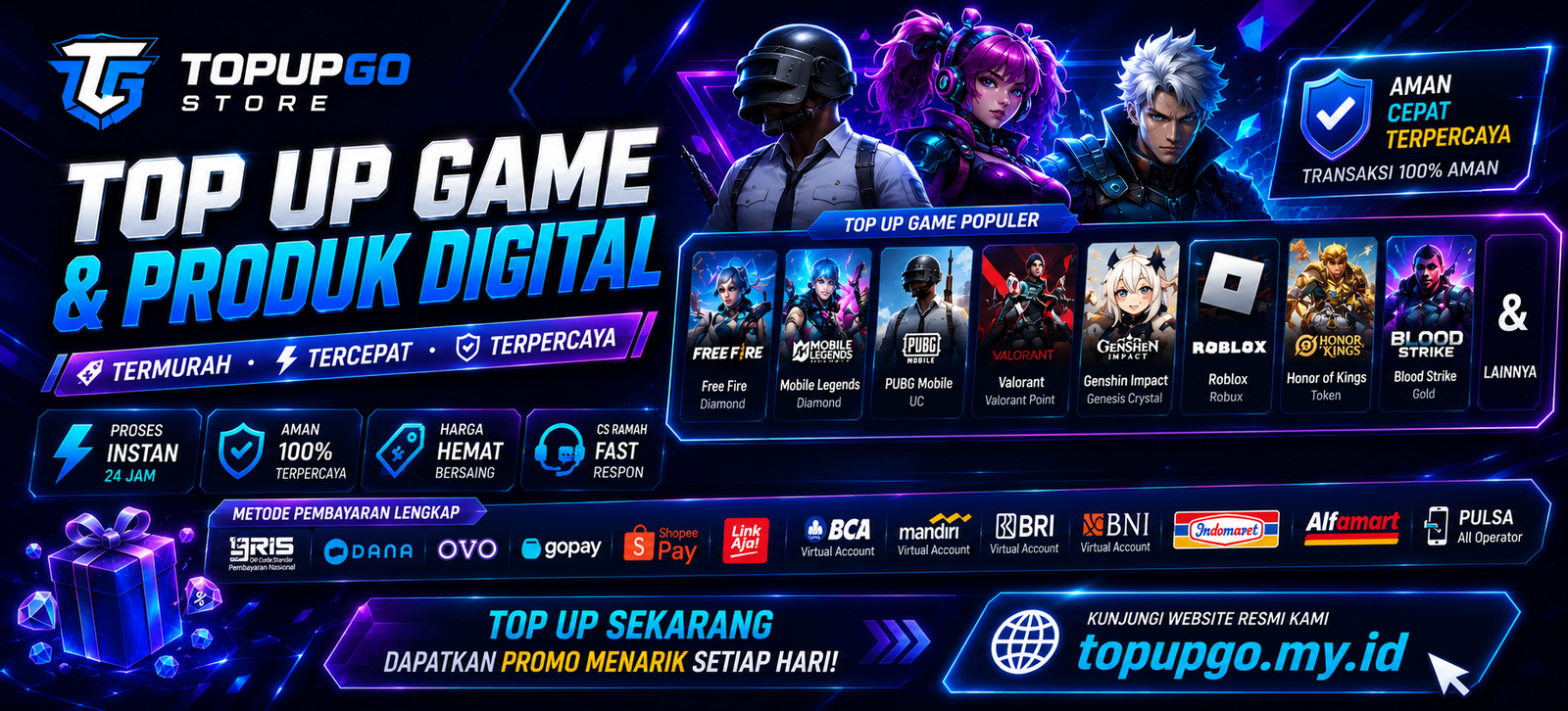 TopupGo Store menyediakan Top Up Game & Produk Digital dengan proses instan, aman, dan harga bersaing. Tersedia game populer, pulsa, e-wallet, voucher digital, token PLN, serta pembayaran lengkap 24 jam