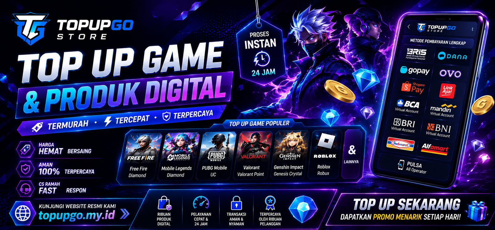 kebutuhanTopupGo Store menyediakan top up game dan produk digital dengan proses instan, aman, dan harga terbaik. Tersedia game populer, e-wallet, pulsa, voucher digital, token PLN, serta pembayaran lengkap 24 jam