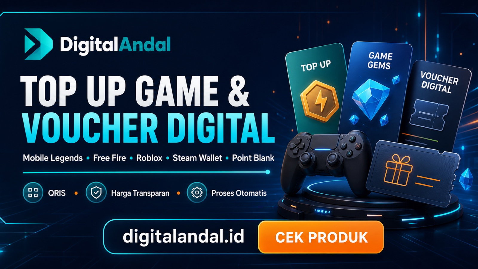 Top up game dan voucher digital — Mobile Legends, Free Fire, Roblox, Steam Wallet, dan Point Blank.