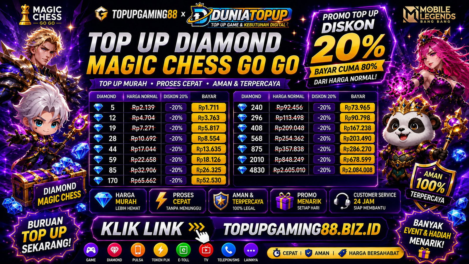 ๐ฎ MAGIC CHESS ร MOBILE LEGENDS ๐ฅ PROMO TOP UP MURAH! ๐ฅ ๐ Diamond Mobile Legends โ๏ธ Magic Chess Pass ๐ Commander & Skin โญ Star & Token โ
Harga Bersahabat โก Proses Cepat ๐ Aman & Terpercaya ๐ Promo Menarik Setiap Hari ๐ BURUAN TOP UP SEKARANG! Klik lin