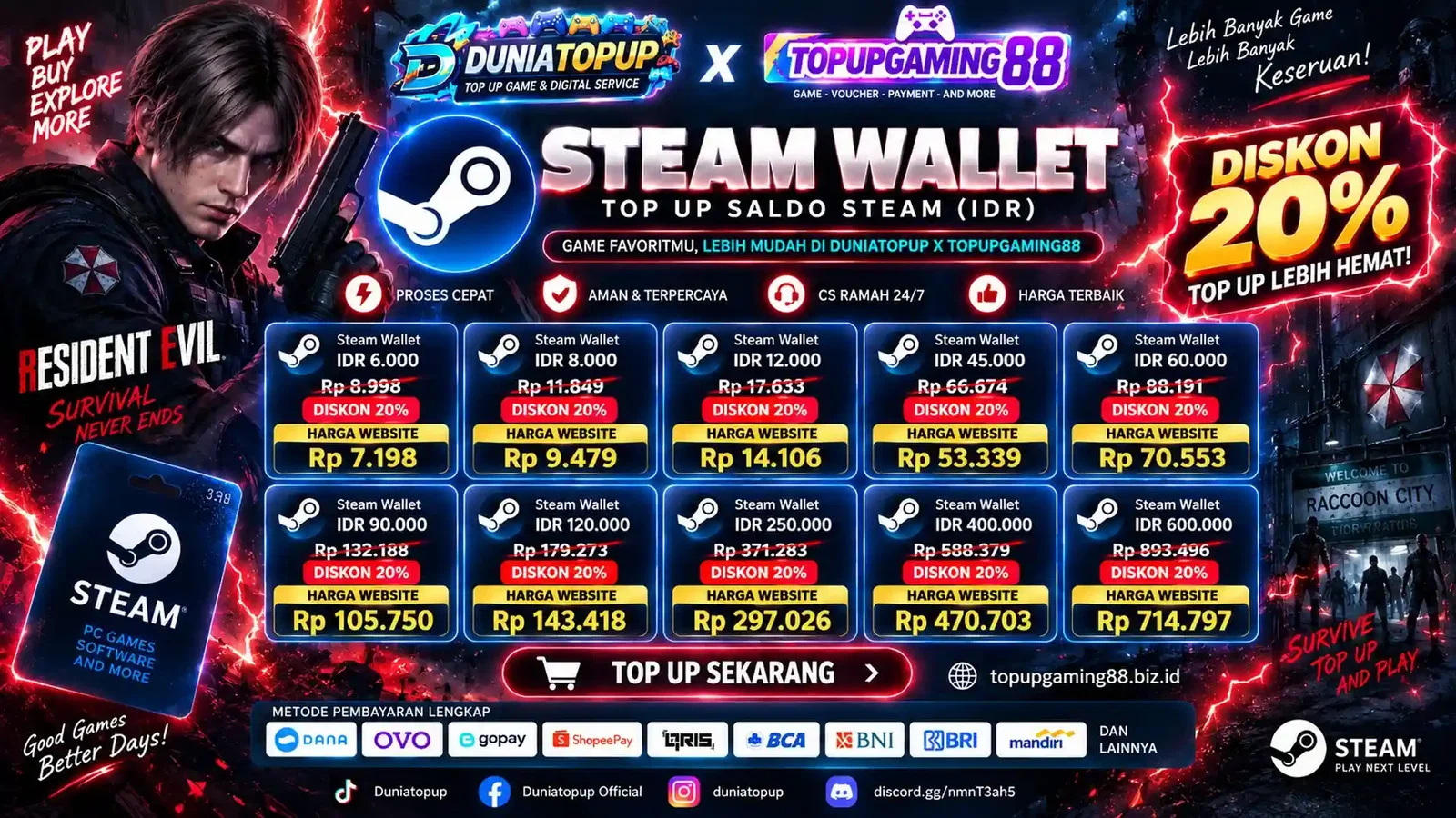 ๐ฎ Steam Wallet Promo! Top Up Steam Wallet lebih hemat hingga DISKON 20% di Duniatopup ร Topupgaming88. Proses cepat, aman, dan terpercaya. Nikmati harga terbaik untuk kebutuhan game favoritmu! ๐ฅ