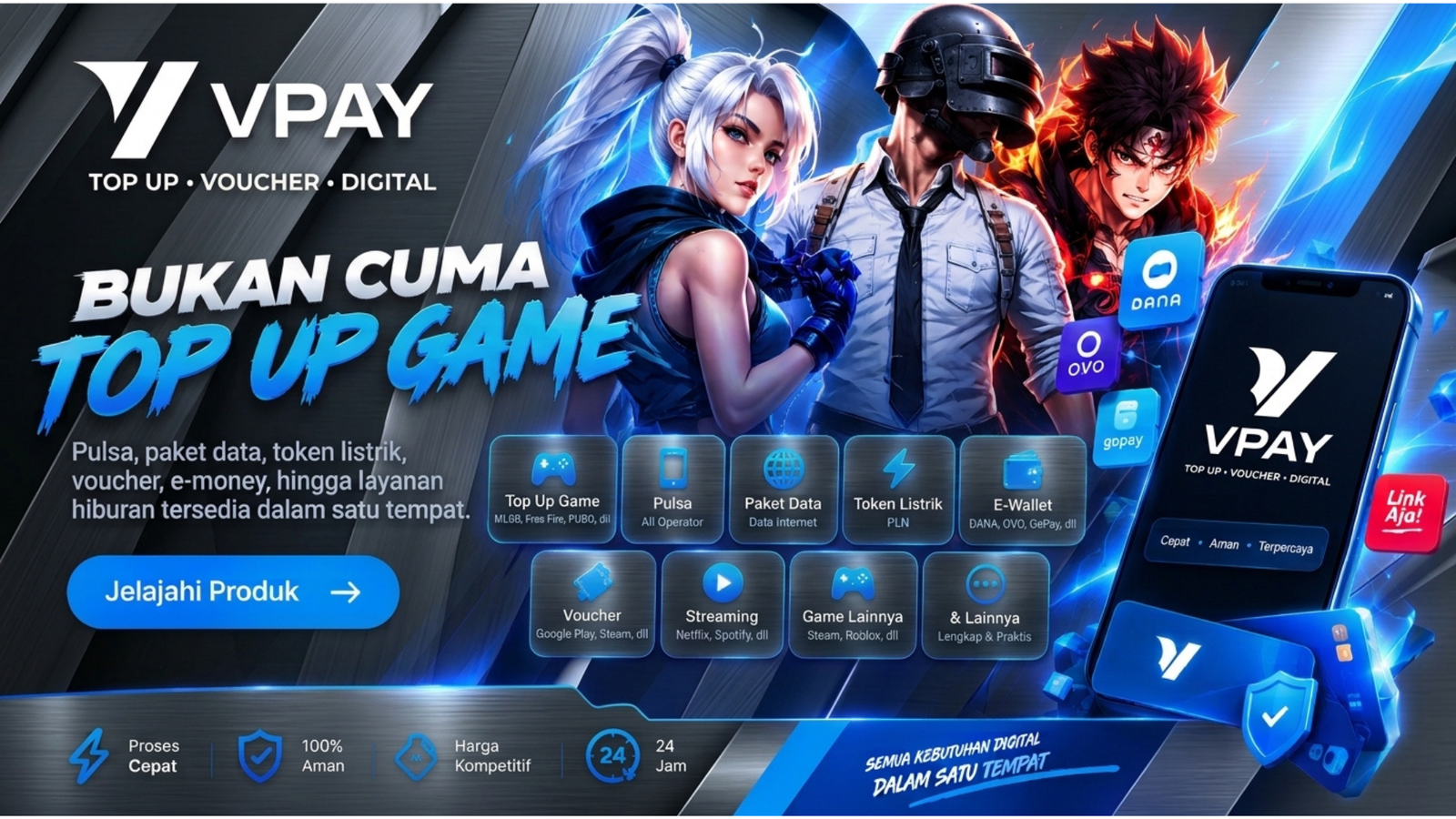Pulsa, paket data, token listrik, voucher, e-money, hingga layanan hiburan tersedia dalam satu tempat.